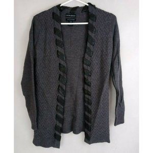 Cynthia Rowley Merino Wool Gray Cardigan Sweater W/ Leather Braiding Size Small